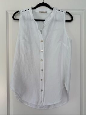 Sleeveless White Button-Front Women's Top with Crochet Shoulder Detail
